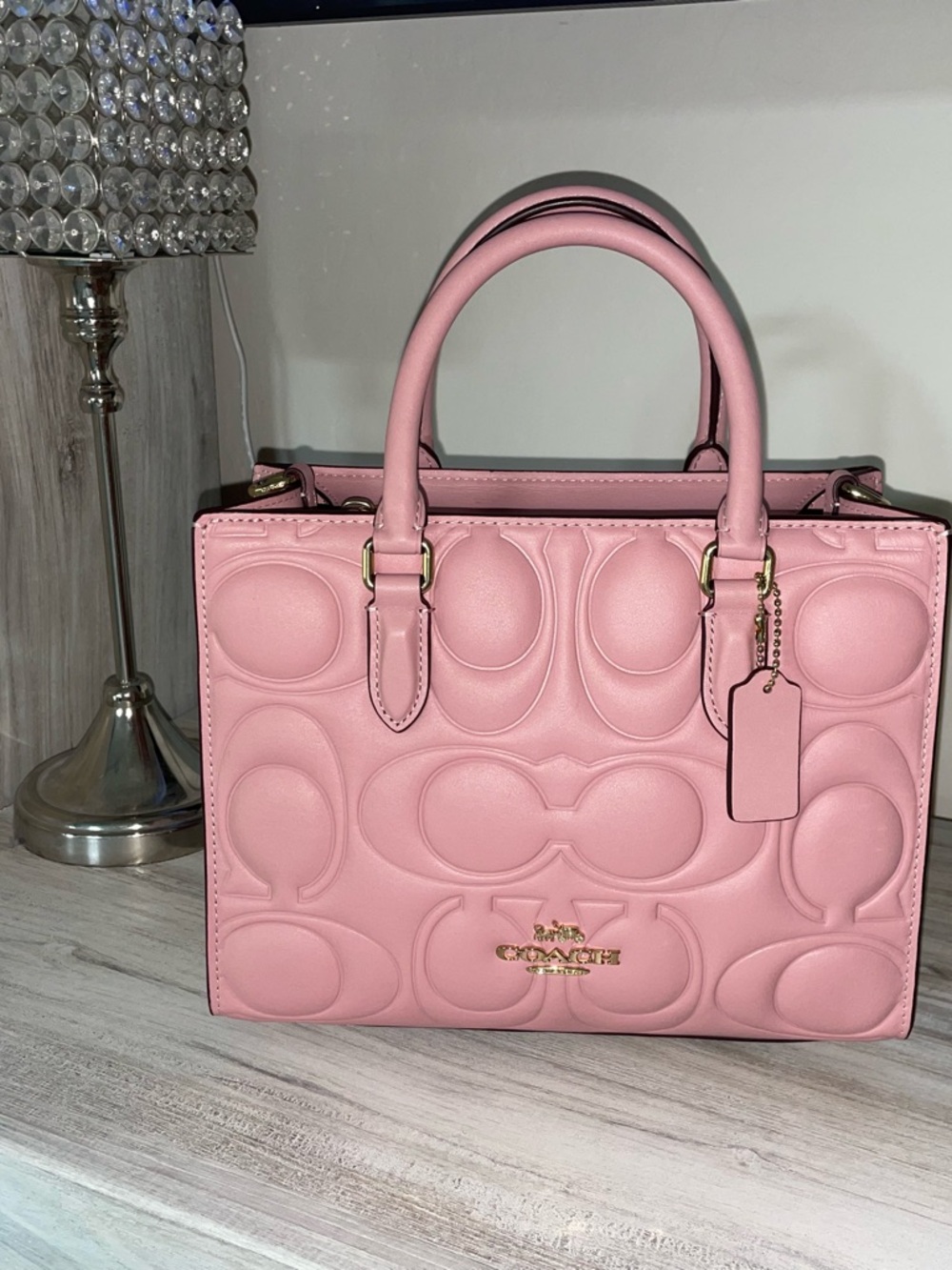 NWT Coach Pink Embossed Signature Satchel with Gold Hardware